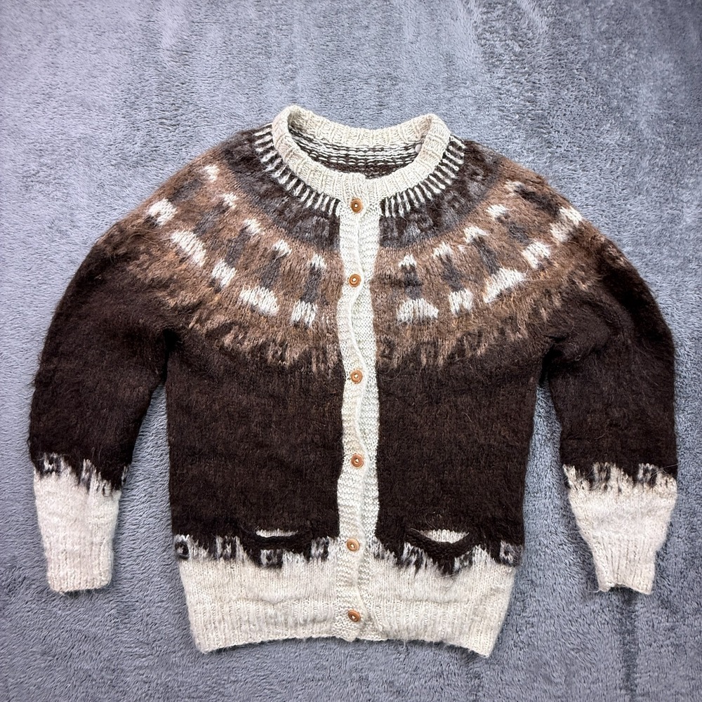Vintage Hand Knit Wool Cardigan Sweater Womens L Brown Nordic Yoke Fuzzy Boho